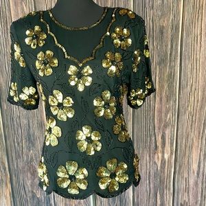 VINTAGE 80's STENAY Black & Gold Silk Floral Sequined Beaded Party Formal Blouse